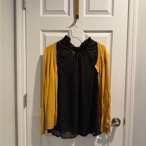 3 piece set Yellow Cardigan, Black Polka Dot Blouse and Black Sweater